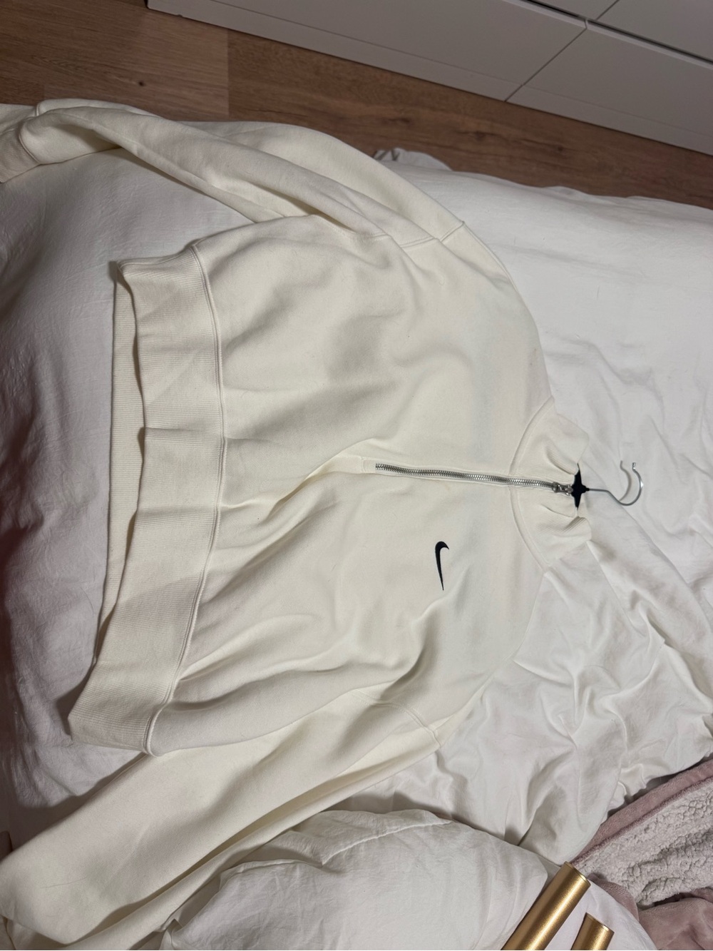 Nike Cream Half‑Zip Bomber Sweat Jacket with Black Swoosh